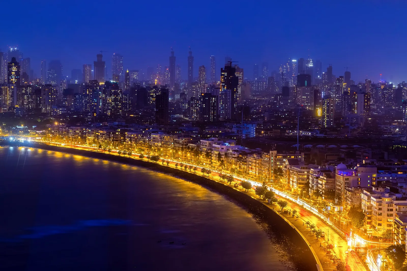 Mumbai's Marine Drive and skyline lit up at night