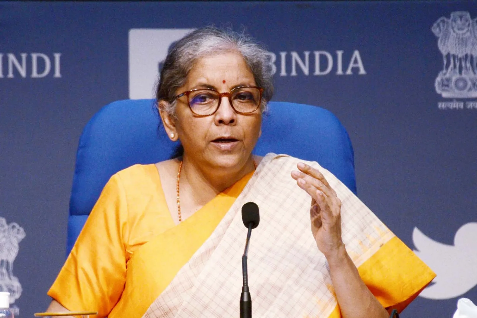 Finance Minister Nirmala Sitharaman speaking at a press conference